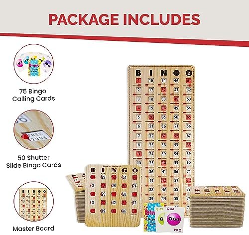 MR CHIPS Jam-Proof Bingo Cards with Sliding Windows, 50 Reusable Shutter Cards, 75 Calling Cards 1 Master Board in Tan Woodgrain Style