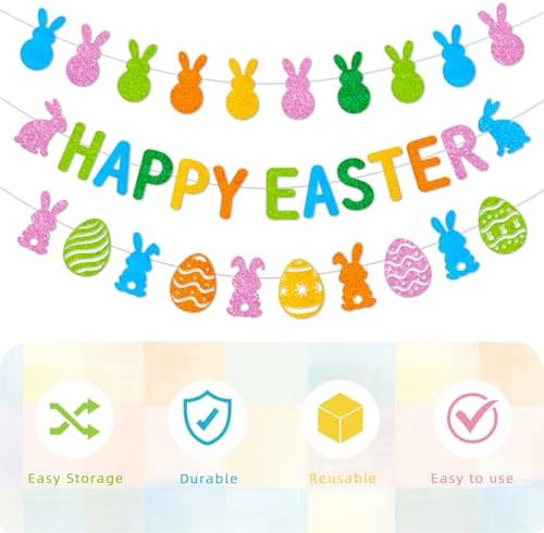 Easter Bunny Decorations Kit, 3 Pack Pre-Strung Glitter Banner Set with Happy Easter Banner, Bunny Egg Banner & Peeps Banner - Spring Easter Party Decorations for Indoor Home Decor