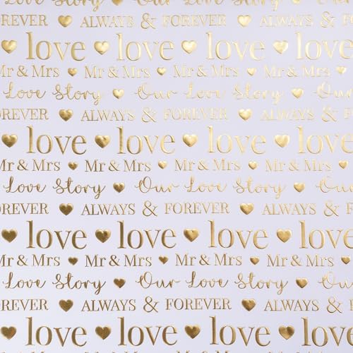 RUSPEPA Wrapping Paper Roll, Bridal Shower Gift Wrap, Mini Roll, 17 Inches x 16.5 Feet, White and Gold Foil LOVE Design for Wedding, Anniversary, Engagement (Pack of 3)