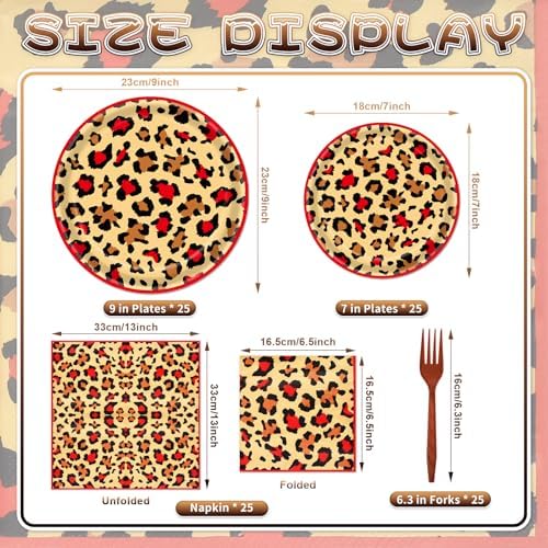 100 Pieces Leopard Print Party Tableware Set – Red Cheetah Animal Print Plates, Napkins and Forks, Disposable Dinnerware for Girls Birthday, Safari and Wild One Party Supplies