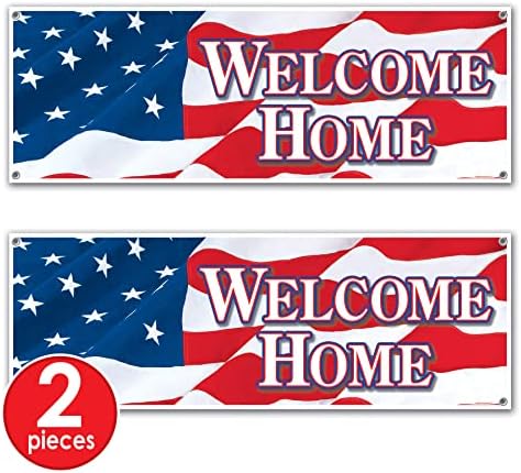 Beistle Welcome Home Sign Banners, 21” x 5’, 2 Pack – Service Personnel Homecoming Decorations, Welcoming Party Supplies for Indoors & Outdoors, American Flag Themed Décor with Stars & Stripes