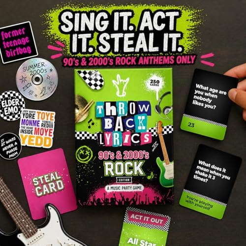 Throwback Lyrics - 90s & 2000s Rock Music Trivia Card Game | 250 Cards, Playlist Included, Finish the Lyrics, Charades + Steal Cards | Emo, Punk & Alternative Adult Party Game for Game Night & Gifts