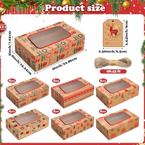 Cinnvoice 24 Pcs Christmas Cookie Boxes with Window Tags Strings,Classic
