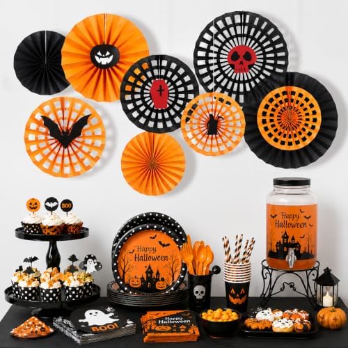 Honeycomb Round Paper Fans, 9Pcs Black Orange Halloween Party Decorations