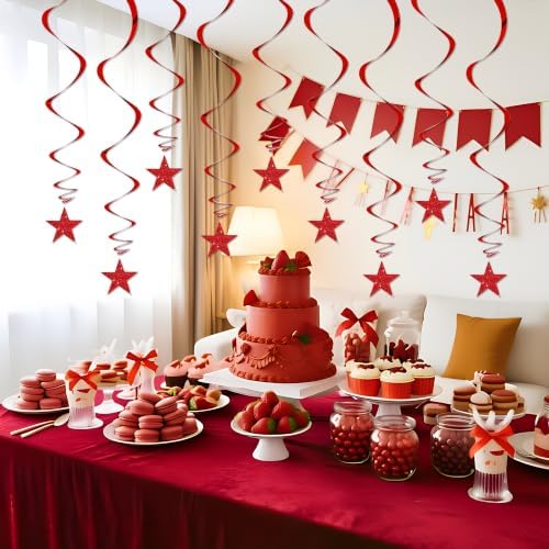 BEISHID Red Glitter Stars Hanging Swirls Pre-Strung Stars Hanging Decorations for Christmas Wedding Anniversary Bachelorette Engagement Birthday Party Decorations Supplies,Pack of 15