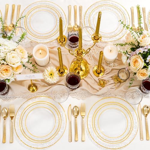 Ciaell 150PCS Clear Gold Plastic Plates - Disposable Gold Rim Plates include 25Dinner Plate, 25Dessert Plate, 25Forks, 25Knives, 25Spoons, 25Cups for Wedding & Party (Pack of 2)