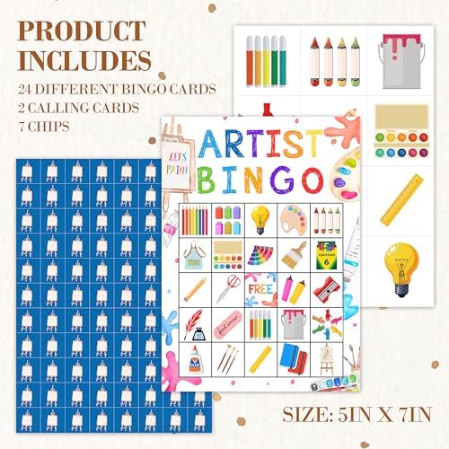 Artist Bingo Game, Painting Party Bingo Cards Set, Art Themed Birthday Games Party Bingo Supplies for Paint Lovers, Adults Family Friends Holiday Activities Favors Decorations for 24 Player, 01