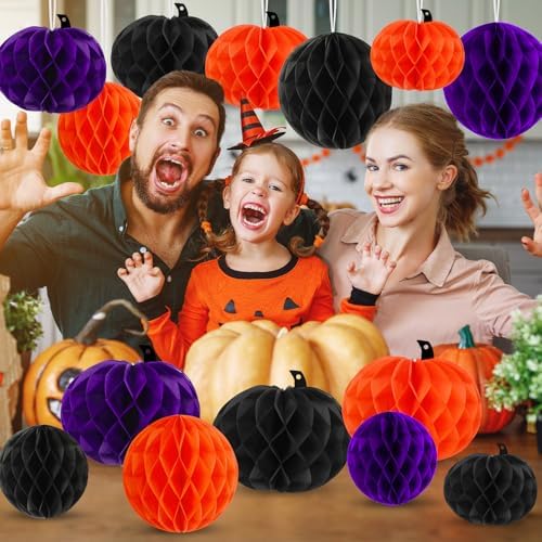 15Pcs Halloween Honeycomb Hanging Decorations Orange Purple Black