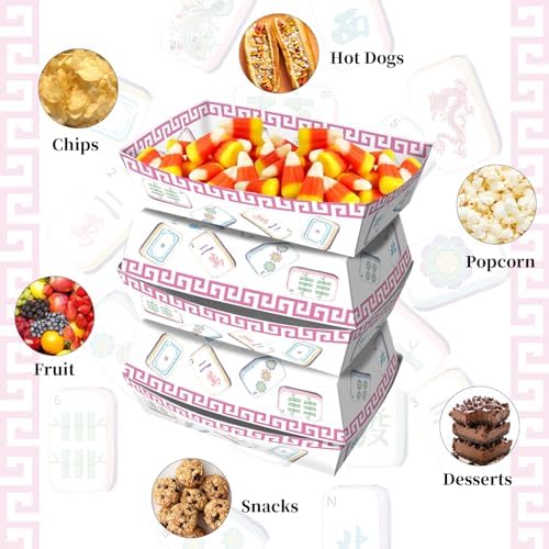 No Folding Required 50 Pack 2Lb Mahjong Party Supplies Disposable Paper Food Plates Serving Trays Pink Paper Food Trays Bulk for Family Play Day Birthday Celebration Game Party Decorations