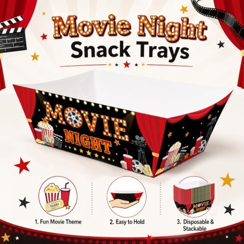 100 Pcs Black Red Movie Night Paper Food Trays, Pre-Folded Disposable Snack Boats for Popcorn, Candy, Fries, Nachos, Snacks, Cinema Party Supplies, Home Theater Serving Trays