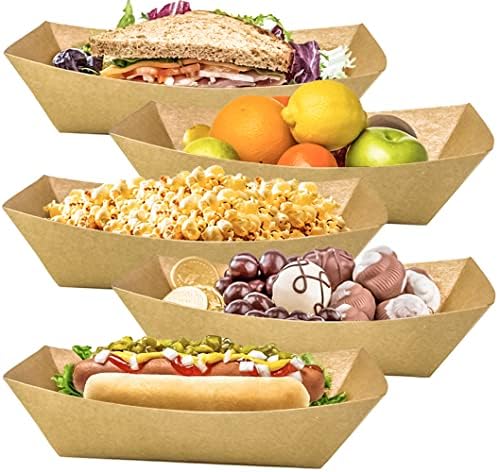 100 Pack 3lb Kraft Paper Food Trays, Heavy-Duty Paper Food Boat Disposable Serving Basket Tray for French Fries Nachos Snack Hot Dog Taco BBQ Popcorn Party Picnic Wedding Party (Brown)