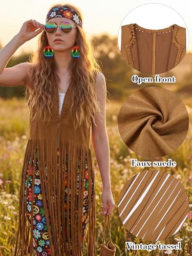SOMSOC 7 Pieces 60s 70s Women Hippie Costume Fringe Vest Bag Pant Headband for Disco