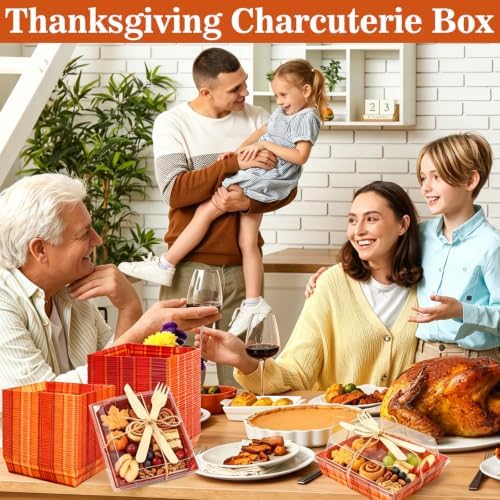 Whaline 100 Set Fall Small Charcuterie Boxes with Clear Lids Forks Knives Buffalo Plaid Mini Dessert Box Disposable Food Container for Autumn Harvest Thanksgiving Wedding Birthday Party Supplies