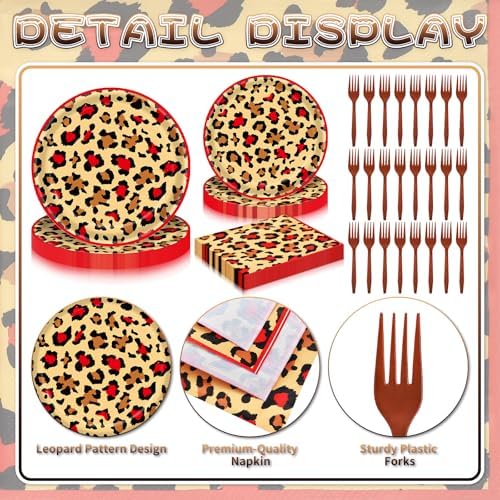 100 Pieces Leopard Print Party Tableware Set – Red Cheetah Animal Print Plates, Napkins and Forks, Disposable Dinnerware for Girls Birthday, Safari and Wild One Party Supplies
