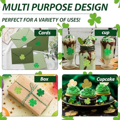 500Pcs Shamrock Stickers Roll for St. Patrick's Day - 3 Styles Holographic Sparkly Green Clover, Self-Adhesive Waterproof Irish Themed Labels for Party, Cards, Envelopes & Gift Wrapping