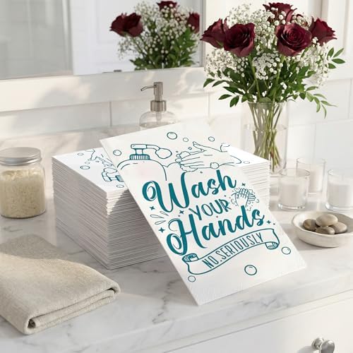 100 Pack Wash Your Hands Disposable Hand Towels for Bathroom Paper Towels for Guests Etiquette Guest Dinner Napkins Decorative Paper Hand Towels for Bathroom Wedding Birthday Anniversary (Teal Blue)
