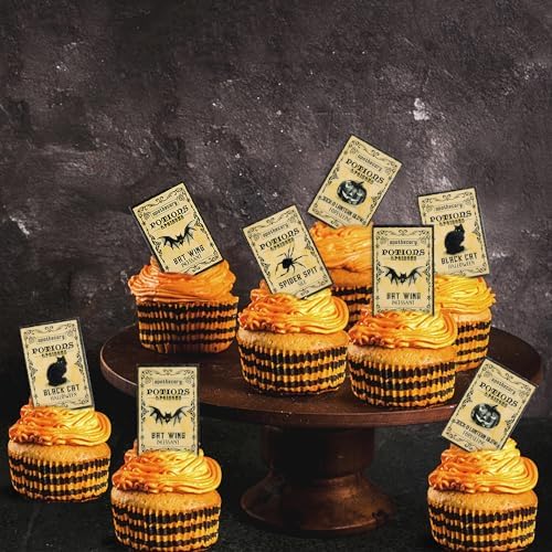Ercadio 50Pcs Edible Halloween Cupcake Toppers Edible Happy Halloween Cake Picks Retro Horror Spider Bat Black Cat Cupcake Decors for Baby Shower Party Cake Decor