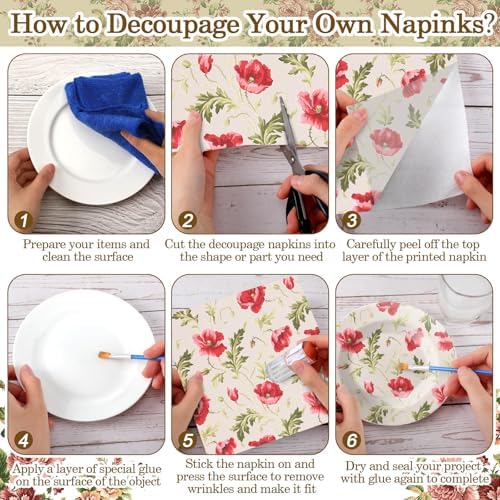 Tenceur 48 Pack 12 Style Vintage Fall Floral Napkins for Decoupage, 13 Inch