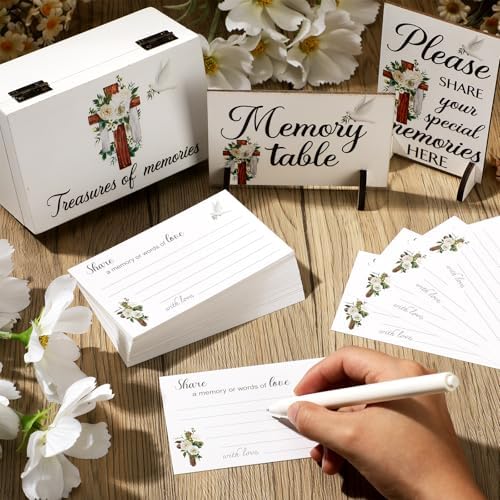 Gilprop 112 Pcs Celebration of Life Memory Cards Set Share a Memory Cards with Box 2 Wood Sign with 4 Hold and 5 Pens, Sympathy Memorial Gifts Funeral Keepsake Decorations(Cross)