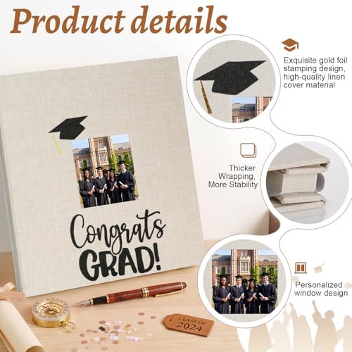 Fumete Beige Class of 2026 Graduation Album Self Adhesive Photo Scrapbook 40 Pages 11.5 x 10.5 Inch Linen Memory Book with Cover Display Window DIY Album for School College Graduate Party Gift