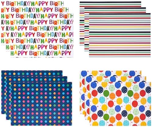 WRAPAHOLIC Birthday Wrapping Paper Sheet - 12 Sheets Folded Flat - Colorful Happy Birthday and Balloons 4 Design for Boys Girls Kids Birthday, Baby Shower - 19.7 inch x 27.5 inch Per Sheet