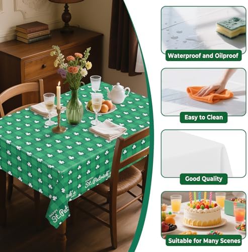 8 Pack Clover Checkered Plastic Tablecloth 54" x 108" Disposable Table Cloths Green St Patricks Day for 6 to 8 Foot Tables Cover for Parties Decorations Supplies (Clover Checkered, Rectangle)