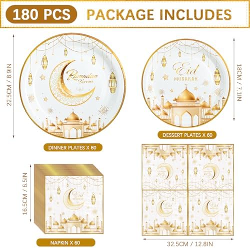 180pcs Ramadan Eid Mubarak Party Supplies,Serves 60
