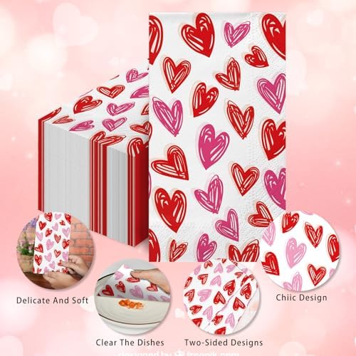 100Pcs Valentine's Day Disposable Napkins for Bathroom Guest Use - Heart Paper Napkins
