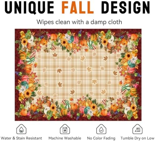 Fall Plaid Tablecloth Rectangle 60 x 84 Inch, Stain Resistant Washable Fabric Autumn Harvest Pumpkin Tablecloths Rectangular Fall Table Cloth Rectangle Table Cover for Kitchen Dining Party