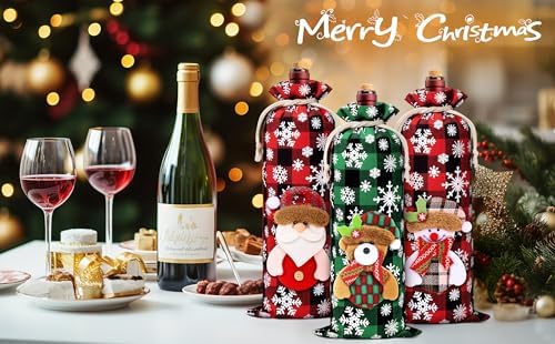 8Pcs Christmas Wine Gift Bags, Buffalo Plaid Drawstring Wine Bottle Covers