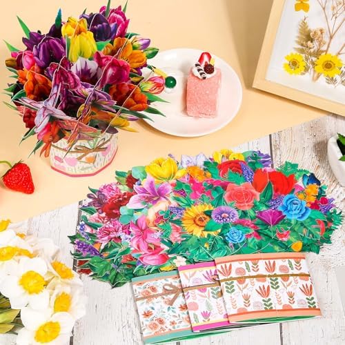 4 Pack Paper Flower Pop Up Cards, Flower Birthday Card Popup 3D Greeting Gift Cards for Mother's Day, Graduation, Anniversary, Get Well, Thank you Cards for All Occasions with Envelope and Note