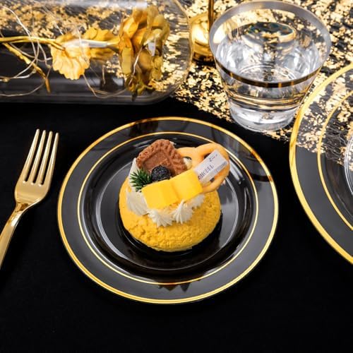 WELLIFE Clear Plates with Gold Trim, 600-Piece Plastic Dinnerware Set