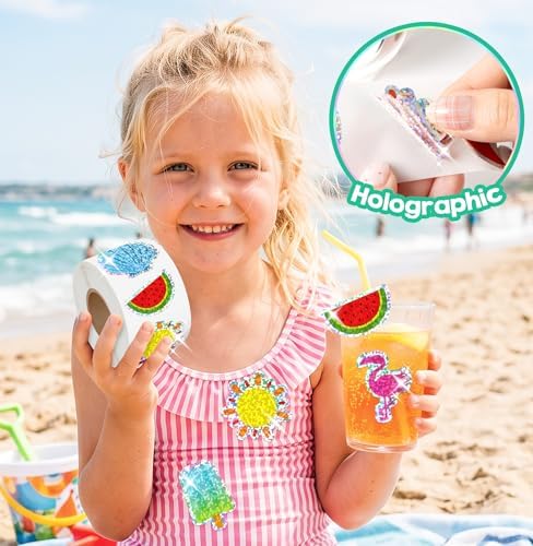 500Pcs Summer Stickers Roll for Kids Holographic Hawaiian Luau Tropical Beach Self-Adhesive Decals Seasonal Party Favors DIY Crafts Teacher Rewards Gifts for Water Bottles Scrapbooking Decoration