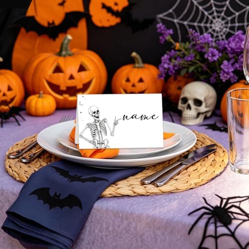 Halloween Place Cards for Table Setting, Skeleton Tent Cards Decor For Birthday Baby Shower Autumn Party Reception Decorations, Bridal Shower Place Card, 25 Pack Birthday Food Name Card 2 x 3.5" /035