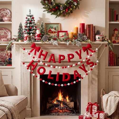 Mindsoft 4 Pcs Felt Happy Holidays Banner Christmas Pom Pom Garland Mantel