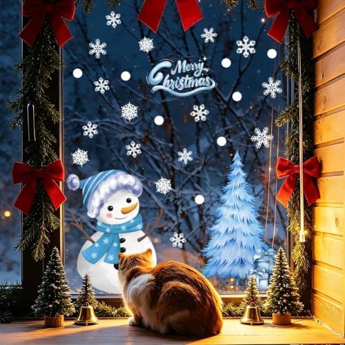 Winter Snowflake Window Clings Merry Christmas Window Stickers Double Sided Cute Snowman Window Decals Reusable Christmas Tree Glass Display Decoration for Home Office Classroom Party