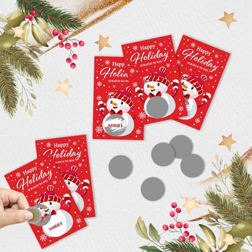 ZIIUFRN 40 Pcs Snow Man Christmas Scratch Off Cards with Stickers, Merry Christmas Raffle Tickets for Games Prizes, Xmas Holiday Party Games for Family Party -A03