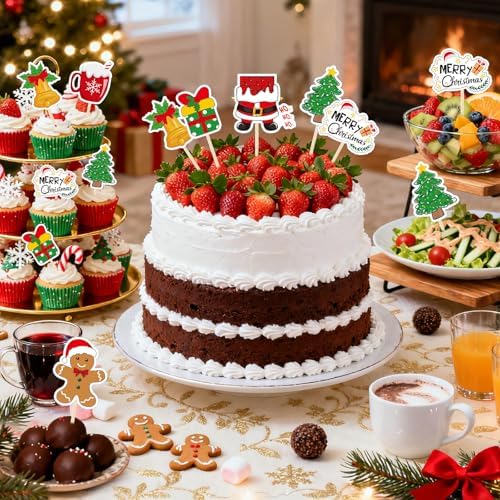 NACHLYNN 70pcs Merry Christmas Cupcake Toppers Holiday Party Fruit Cake Decoration Favors