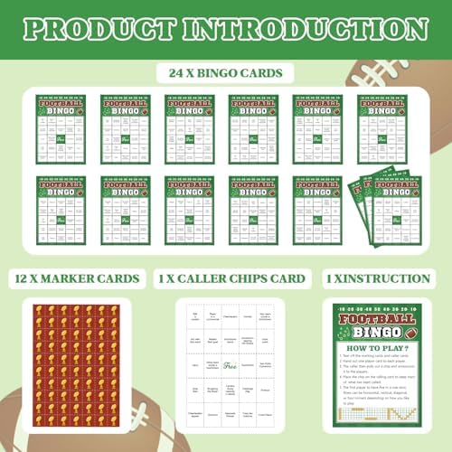 Football Bingo Game Cards - 24 Sheet, Party Favors for Super Bowl, Tailgate, Birthday Party, Family Game Night Activities