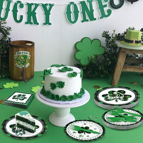 96 Pieces St. Patrick’s Day Tableware Set – Green and Black Plaid Shamrock Disposable Plates, Napkins, and Forks for Irish Party, Lucky Clover Celebration St. Paddy’s Day Dinner – Serves 24 Guests