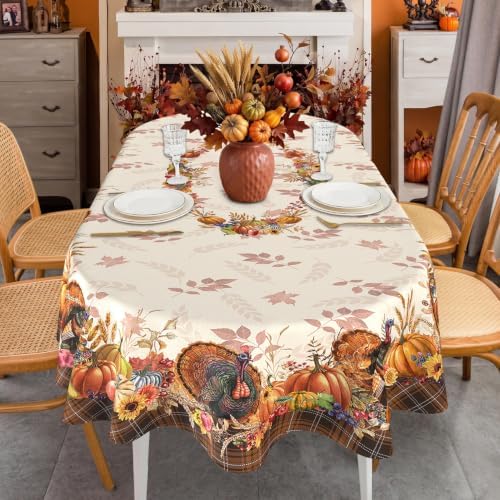 Thanksgiving Tablecloth Oval 52x70 Inch, Stain Resistant Machine Washable Fabric Polyester Turkey Harvest Table Cloth Oval Thanksgiving Tablecloth Table Cover for Kitchen Dining Party