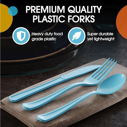 Party Solids Light Blue Plastic Silverware 150 Pcs Light Blue Cutlery Set