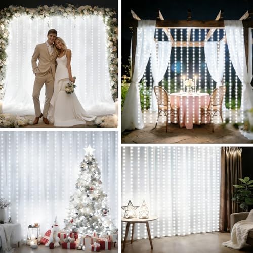 echosari Curtain Lights Battery Operated 9.8 x 9.8Ft with Timer Cool White
