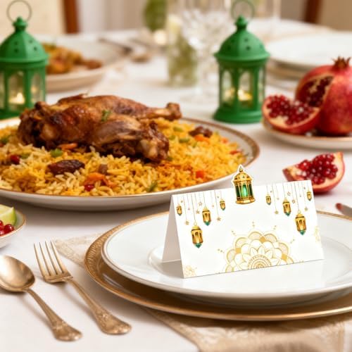 Auch Eid Place Cards - 40pcs Eid Mubarak Table Tent Cards Set Folded Ramadan Name Card for Eid Al-Fitr & Eid Al-Adha Dinner, Iftar Party Table Decorations, Buffet & Food Labelsr 4 Designs (White)
