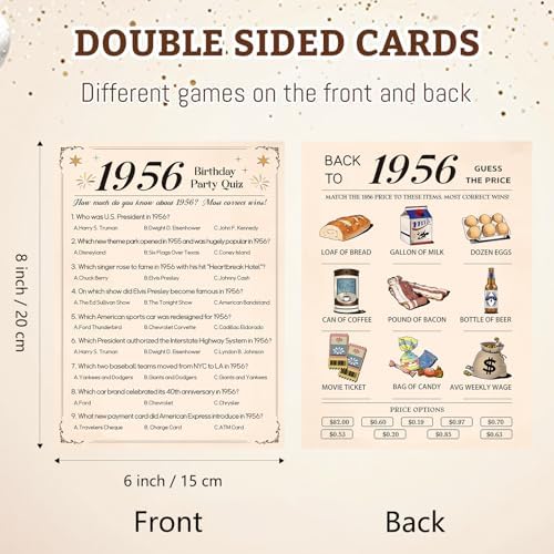 30Pcs 70th Birthday Party Games, 1956 Quiz & Guess the Price Game Cards