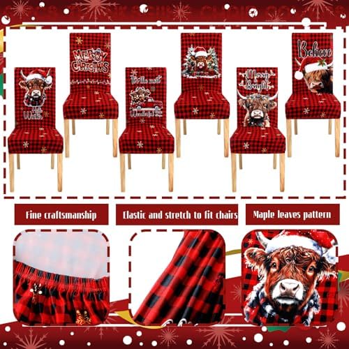 Mindsoft 6 Pcs Christmas Chair Covers Highland Cow Dining Chair Slipcovers