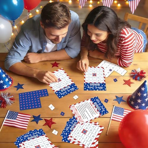 4th of July Bingo Game Set for 24 - Patriotic Party Activities, Independence Day Games for Family Reunion, School & Classroom Decorations – 5" x 7" Cards