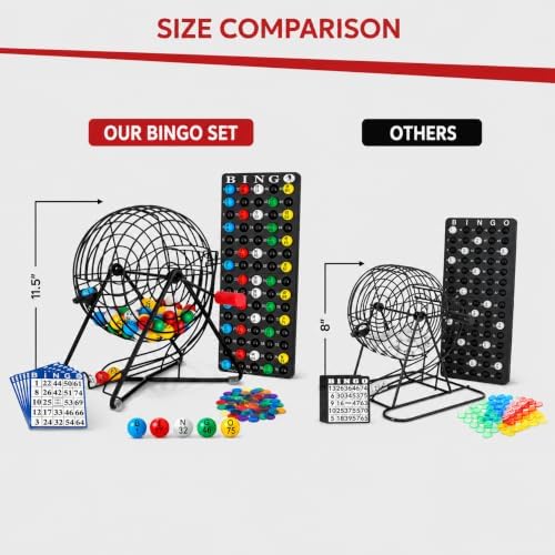 MR CHIPS 11" (Inch) Tall Professional Bingo Set with Steel Cage, Everlasting 7/8” Balls, 18 Cards and 300 Chips - Mysterious Black Color