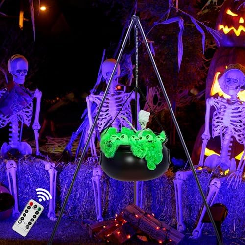 Halloween Decorations Outdoor Indoor,Large Witches Cauldron on 52" Tripod with String Lights, Skeleton and Eyeballs,Hocus Pocus Decor,Witches Cauldron for Yard Patio Garden Lawn Decorations.