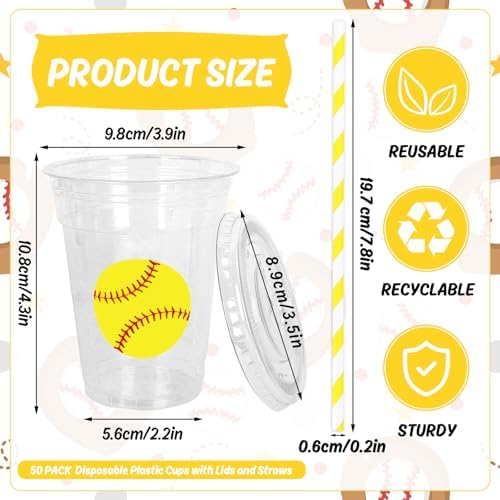 Whaline 50Pcs 12Oz Softball Disposable Plastic Cups with Lids and Straws Cute Softball Cold Beverage Drinking Cups for Sports Theme Birthday Party Supplies
